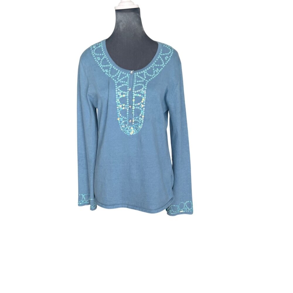 Marshall Russo Womens Blue Long-Sleeve Sequin-Embellished Top Size L